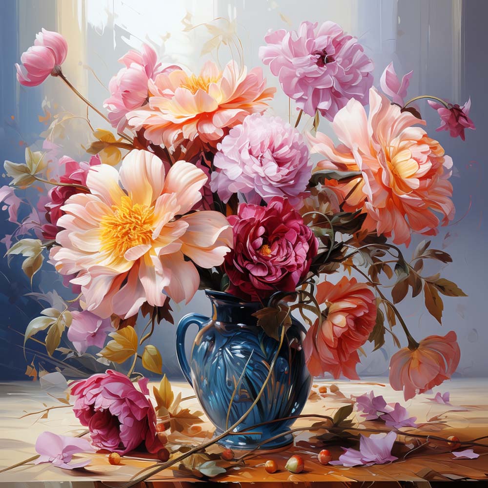 Weelderige Chrysanten in een Groene Vaas Diamond Painting