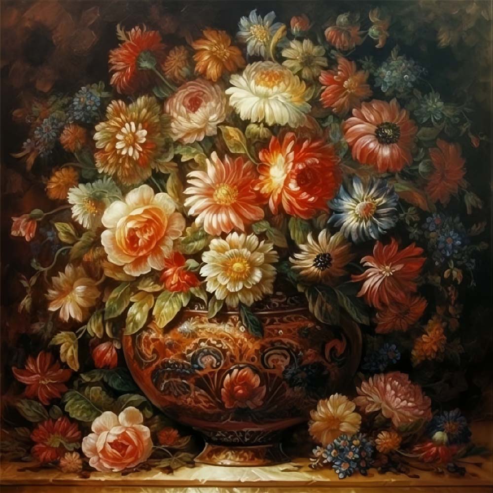 Weelderige Chrysanten in een Vintage Sierlijke Vaas Diamond Painting
