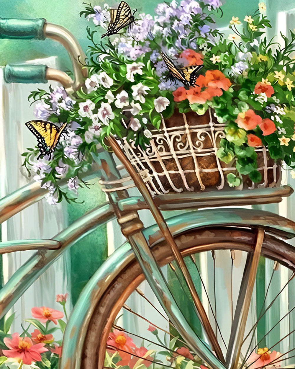Wilde Bloemen in Groen Fietsmand Diamond Painting