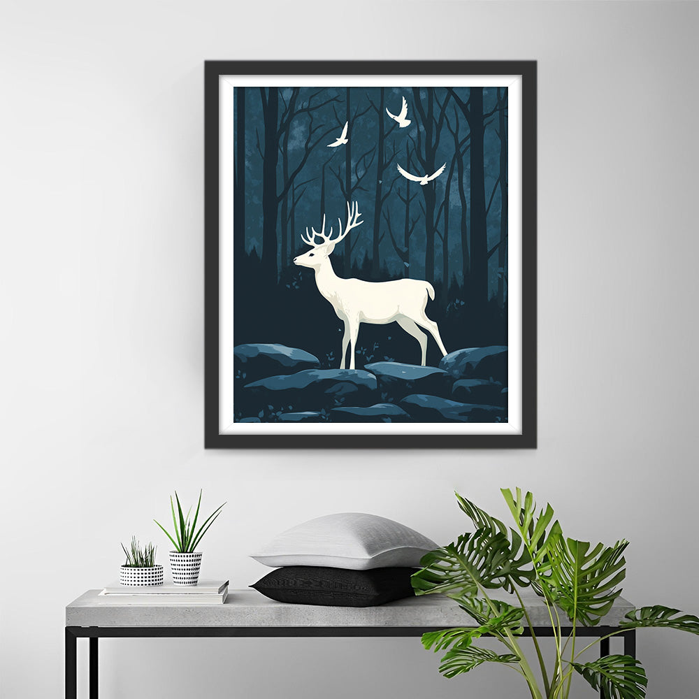 Wit Hert en Vogels in het Bos ’s Nachts Diamond Painting