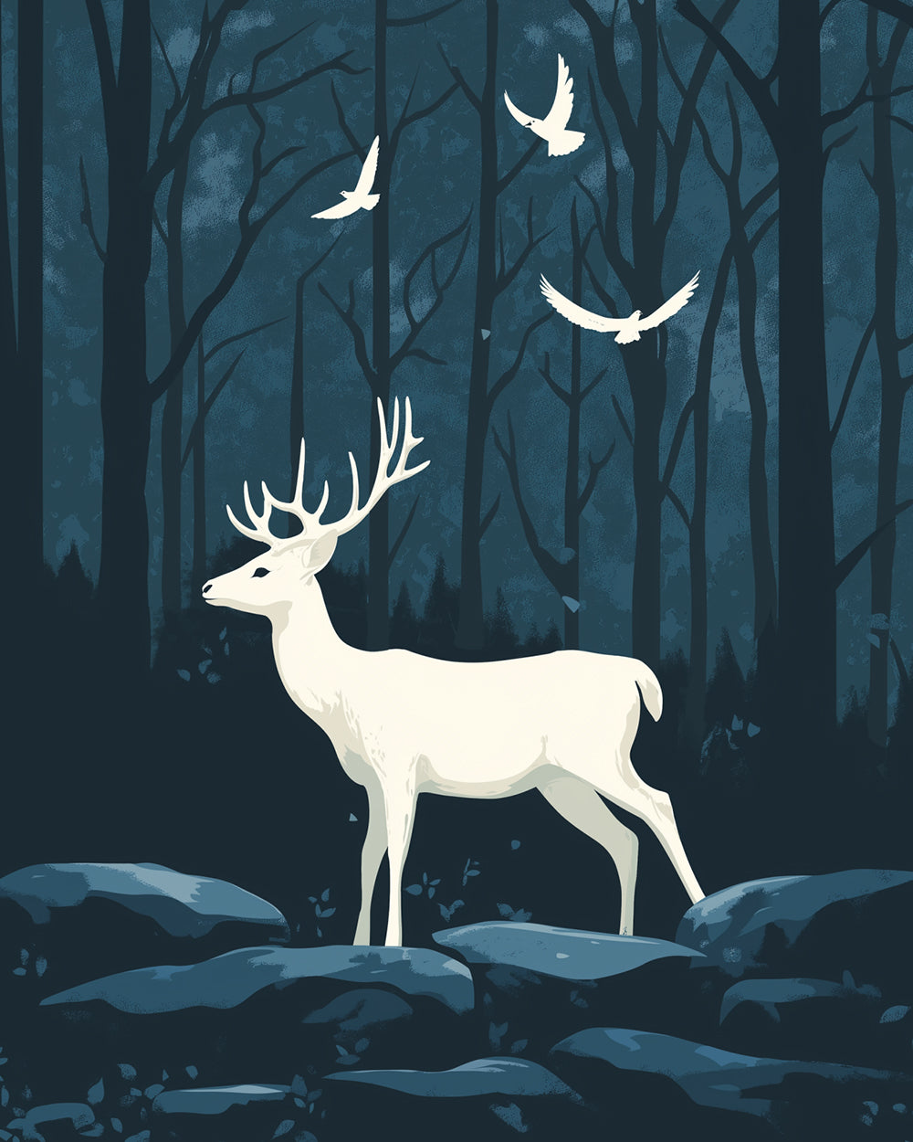 Wit Hert en Vogels in het Bos ’s Nachts Diamond Painting