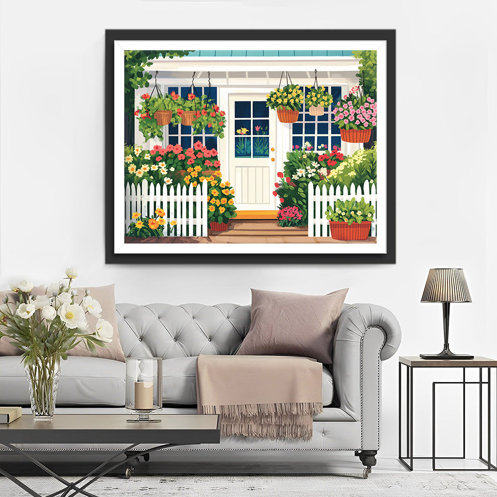 Wit Huis vol Bloemen Diamond Painting