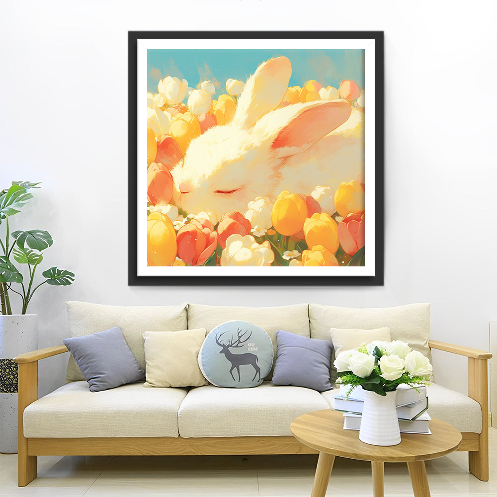 Wit Konijn in de Tulpenstruik Diamond Painting