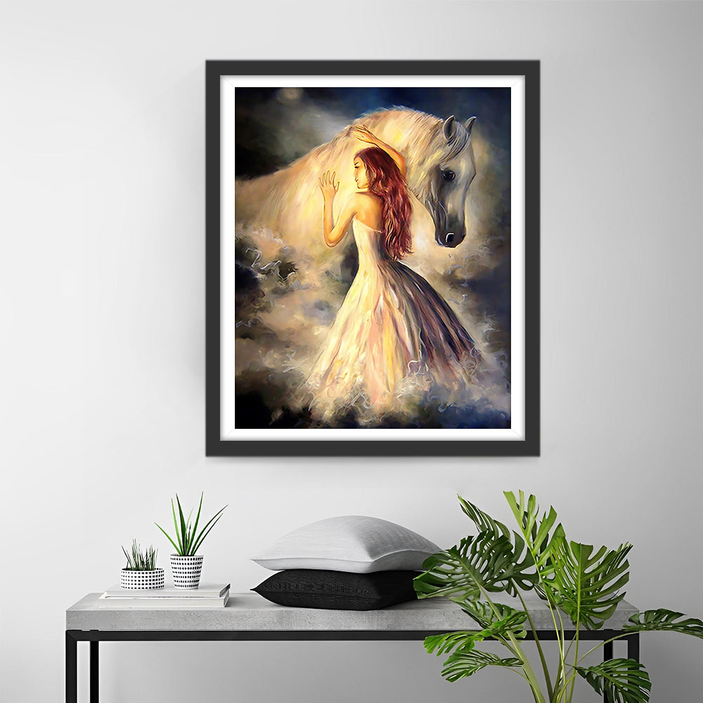 Wit Paard en Mooie Vrouw Diamond Painting