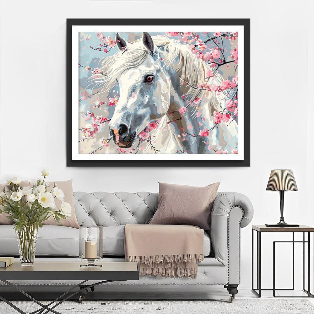 Wit Paard en Perzikbloesem Diamond Painting