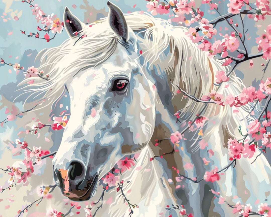 Wit Paard en Perzikbloesem Diamond Painting