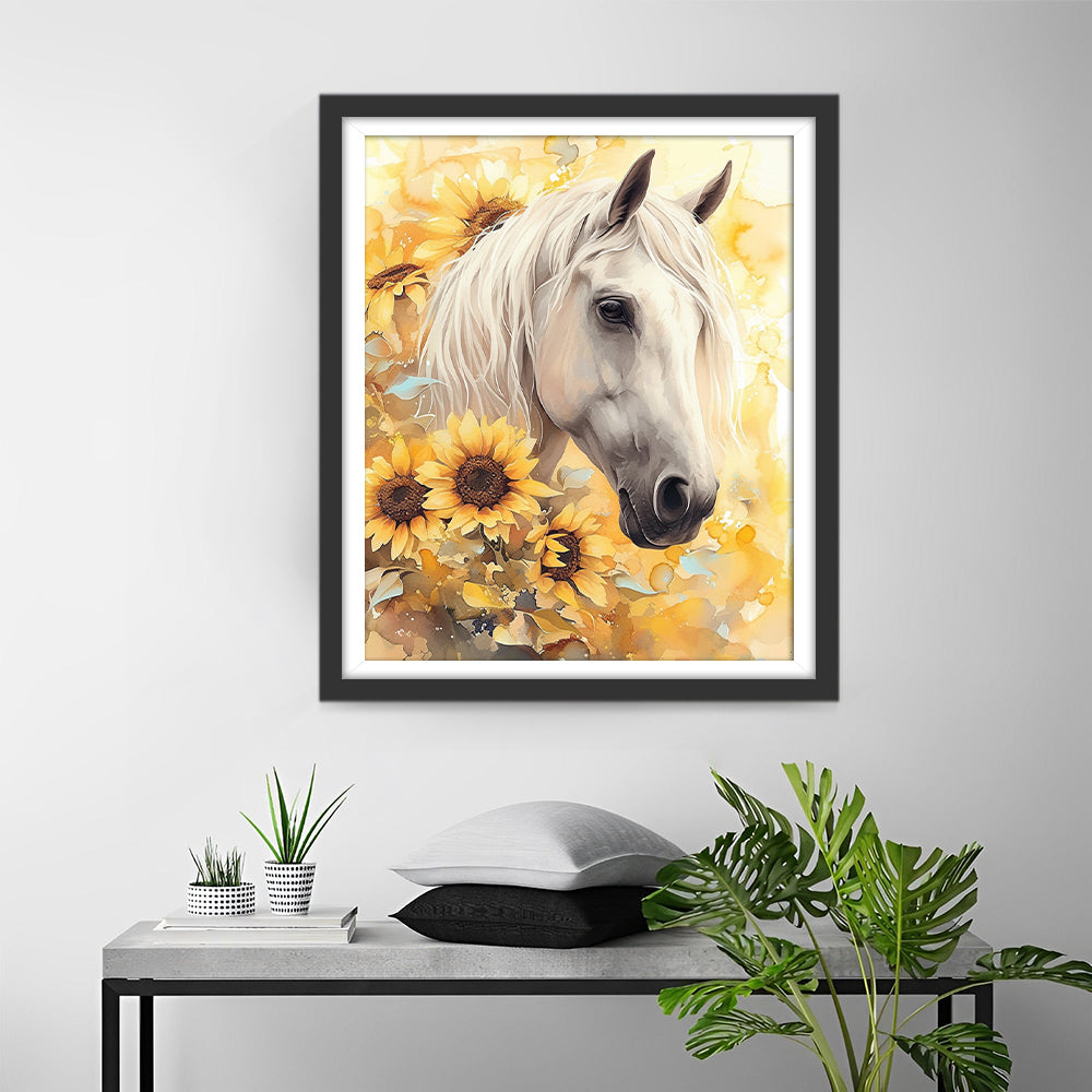 Wit Paard en Zonnebloemen Diamond Painting
