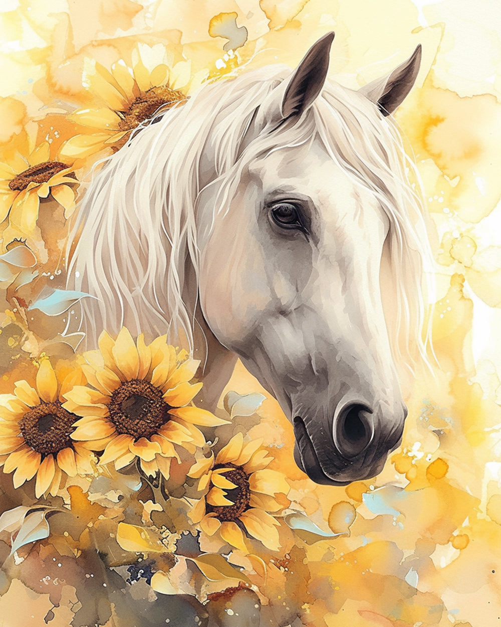 Wit Paard en Zonnebloemen Diamond Painting