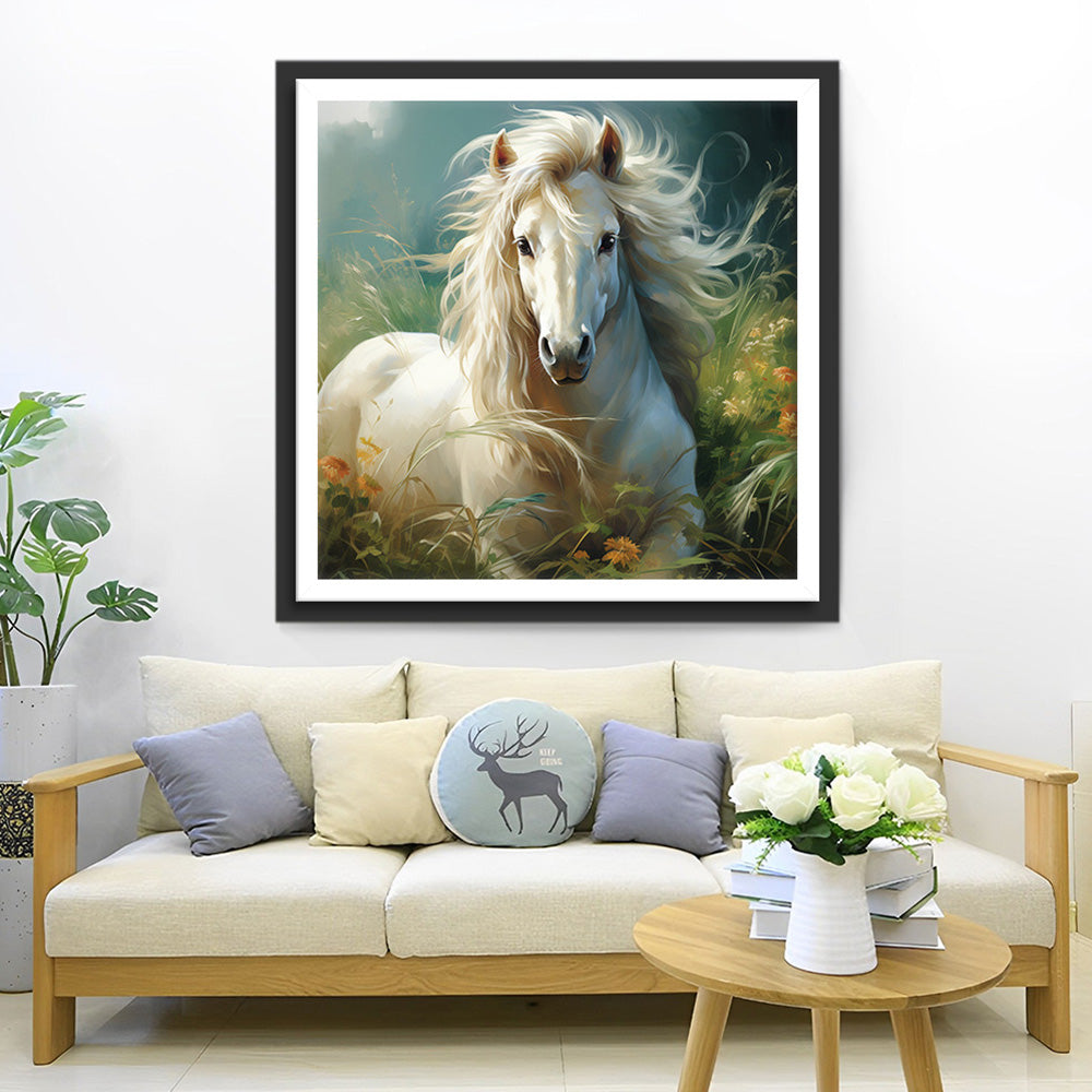 Wit Paard in het Gras Diamond Painting