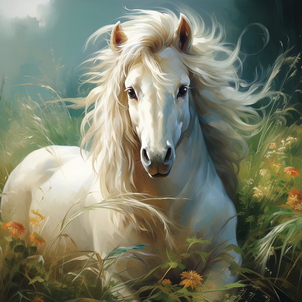 Wit Paard in het Gras Diamond Painting
