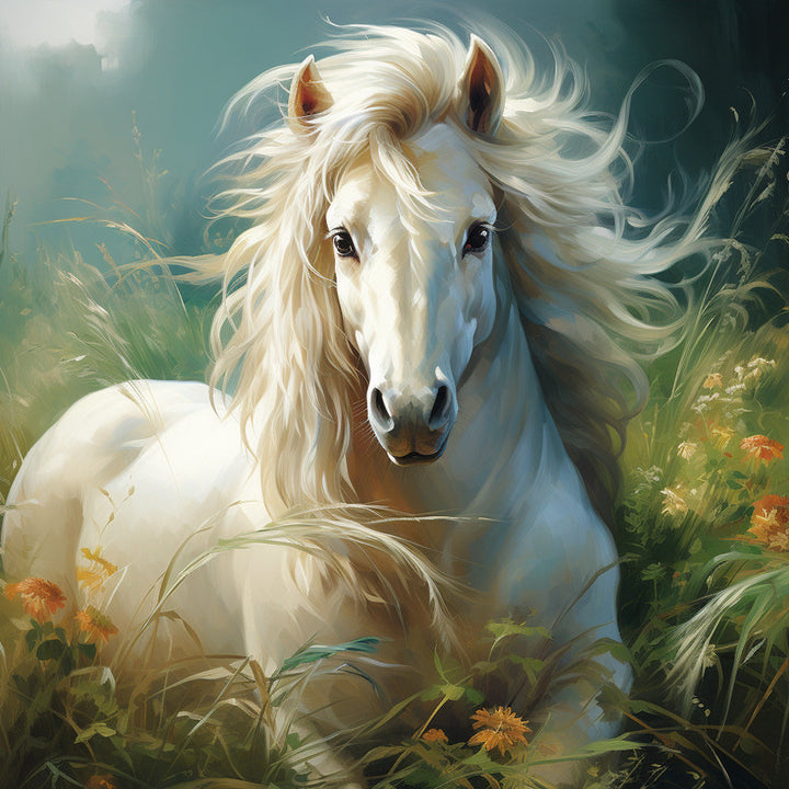 Wit Paard in het Gras Diamond Painting