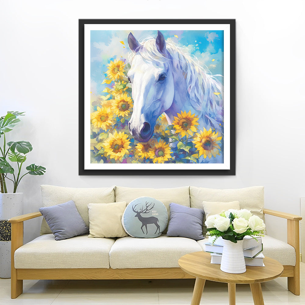 Wit Paard in Zonnebloemstruik Diamond Painting