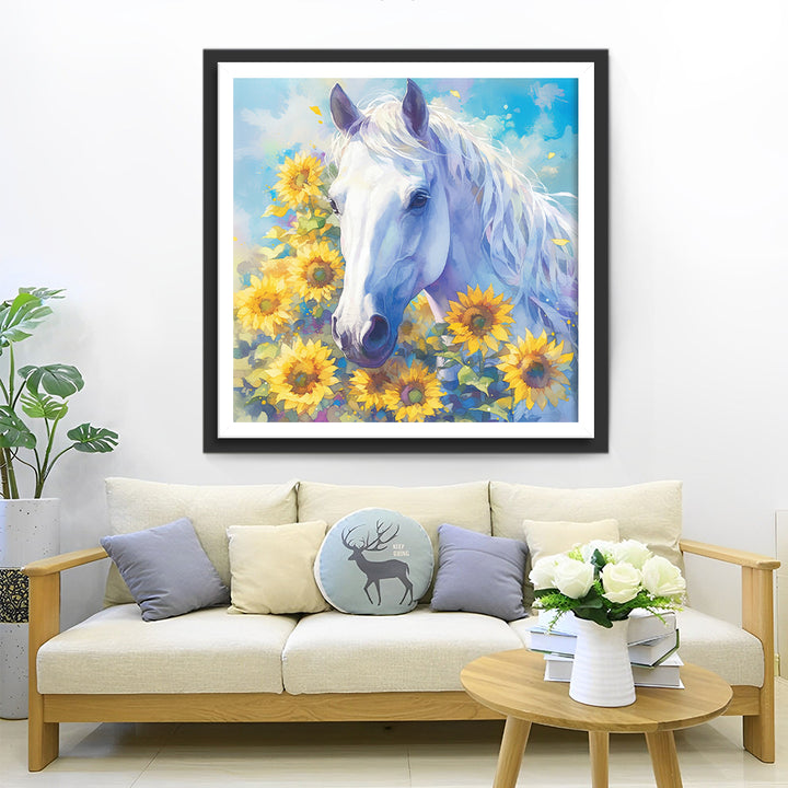 Wit Paard in Zonnebloemstruik Diamond Painting