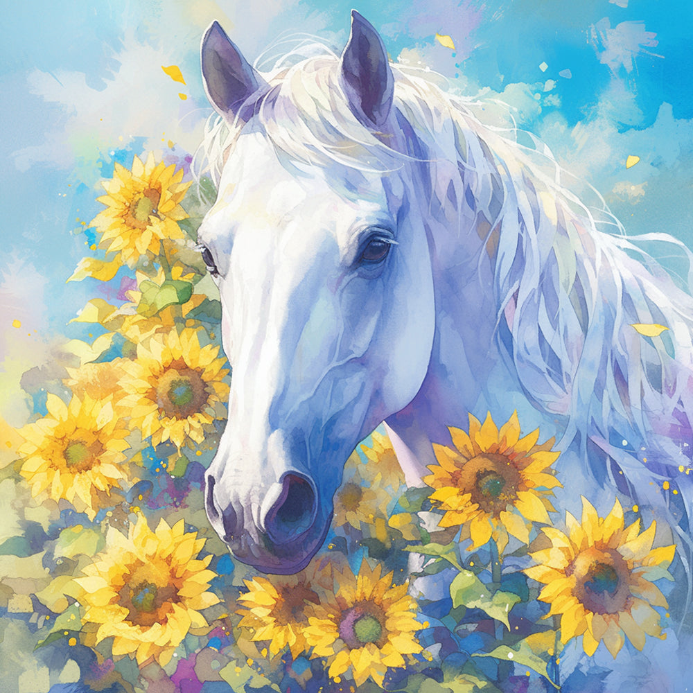 Wit Paard in Zonnebloemstruik Diamond Painting