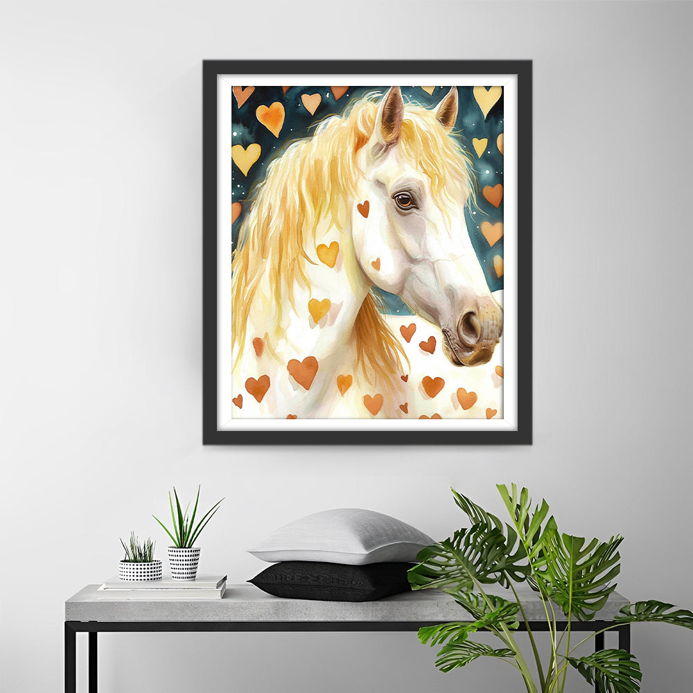 Wit Paard met Oranje Harten Diamond Painting