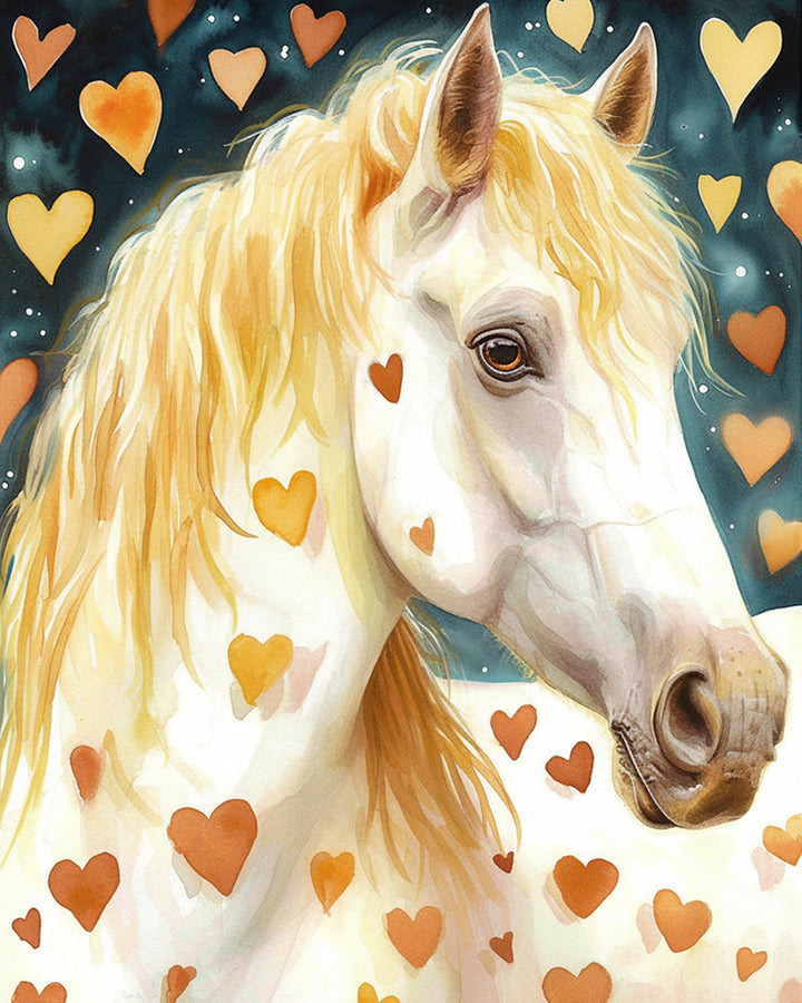 Wit Paard met Oranje Harten Diamond Painting