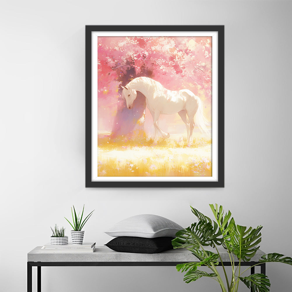 Wit Paard onder Pachtige Roze Bloemen Diamond Painting