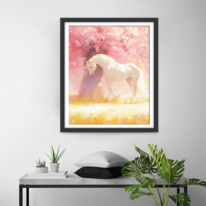 Wit Paard onder Pachtige Roze Bloemen Diamond Painting