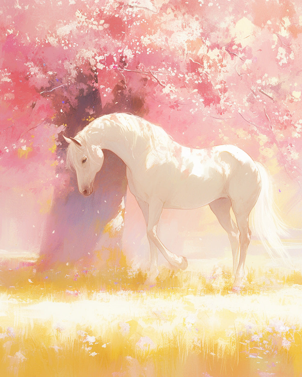 Wit Paard onder Pachtige Roze Bloemen Diamond Painting