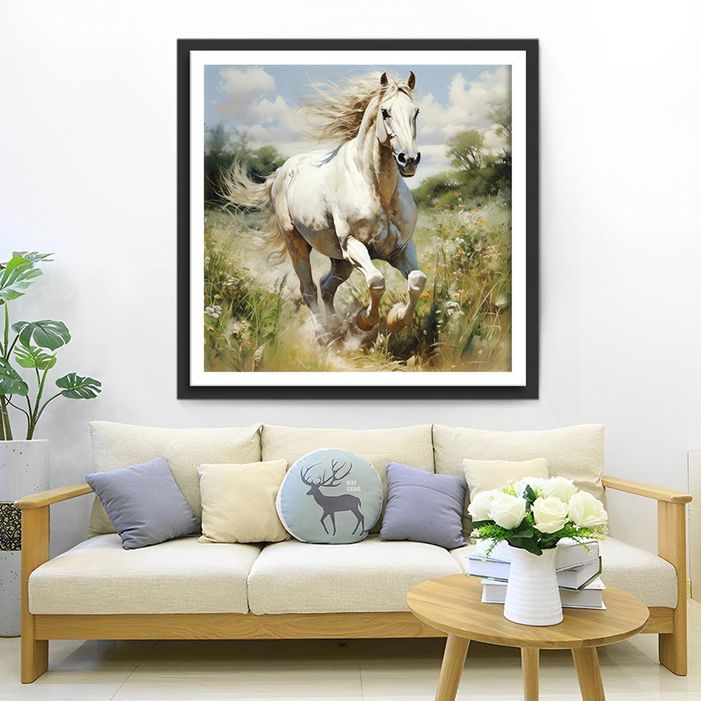 Wit Paard Rennend op de Grasvlakte Diamond Painting