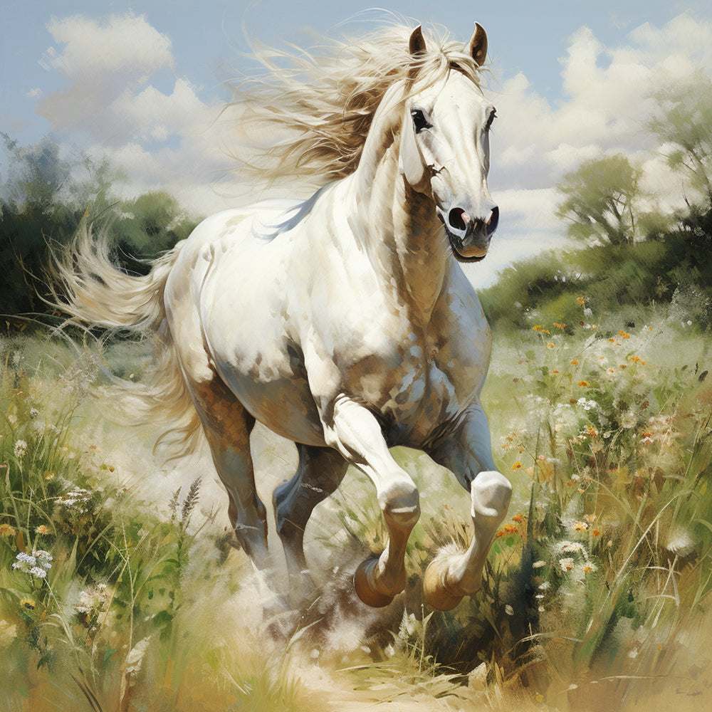 Wit Paard Rennend op de Grasvlakte Diamond Painting