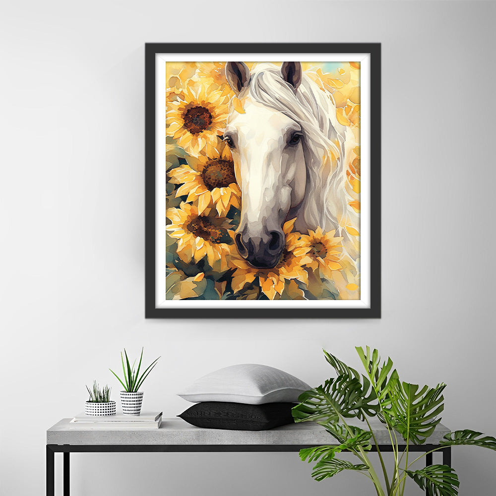 Wit Paard Tussen Zonnebloemen Diamond Painting