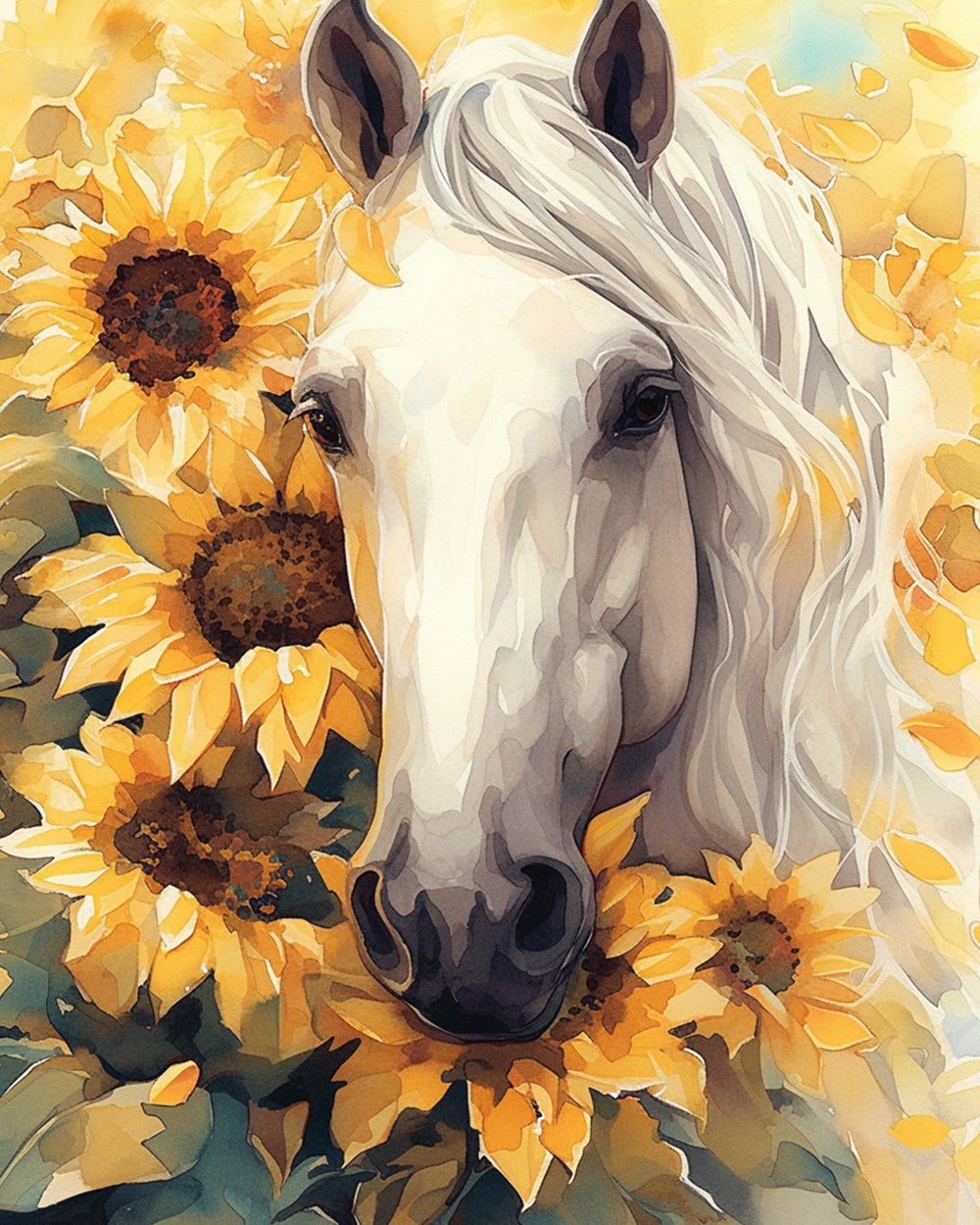 Wit Paard Tussen Zonnebloemen Diamond Painting