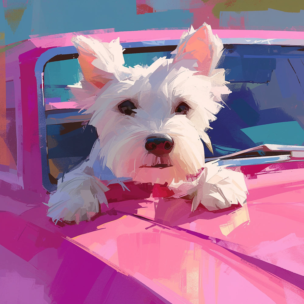 Wit Schnauzer-achtig Hondje met Zachte Blik op Roze Voertuig Diamond Painting