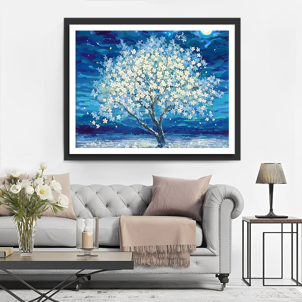 Witte Bloemenboom Diamond Painting