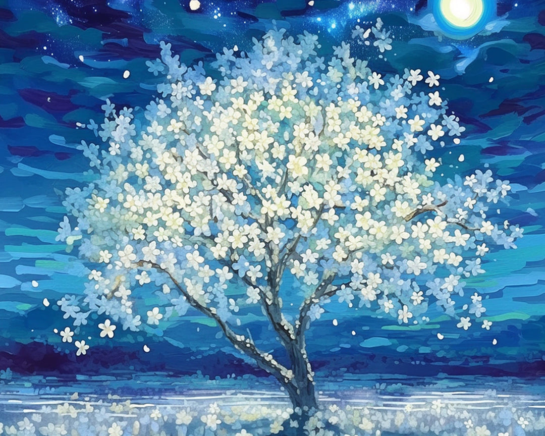Witte Bloemenboom Diamond Painting