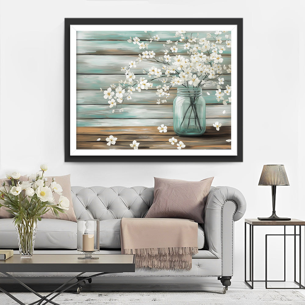 Witte Bloesemtakken in Glazen Vaas Diamond Painting