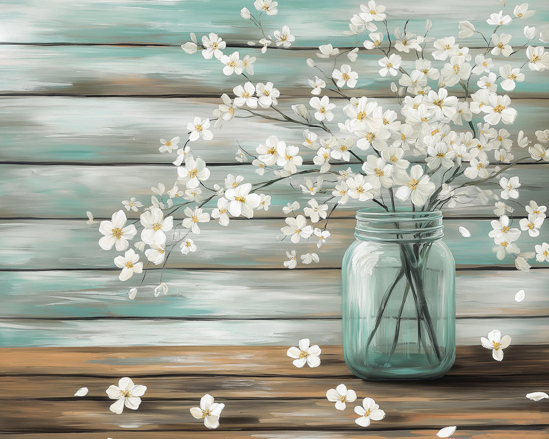 Witte Bloesemtakken in Glazen Vaas Diamond Painting