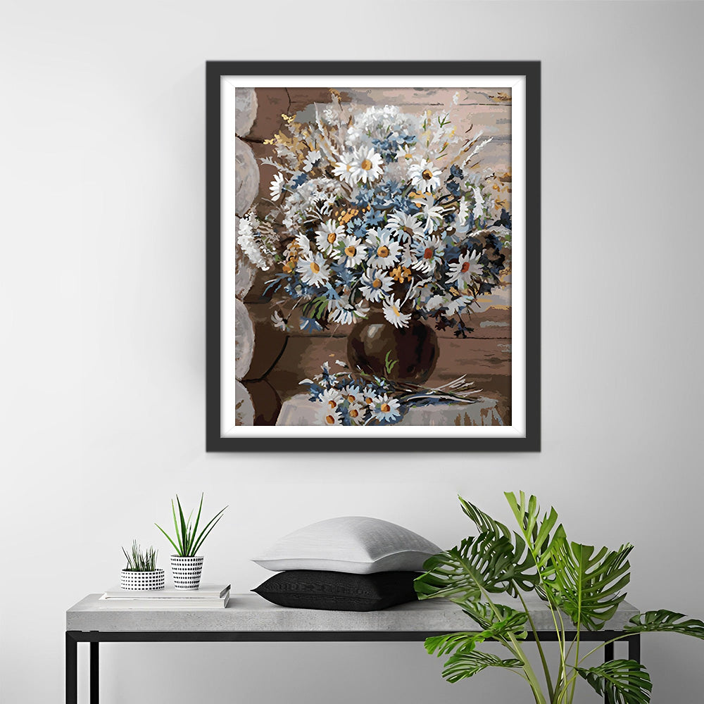 Witte Chrysant in Zwarte Vaas Diamond Painting