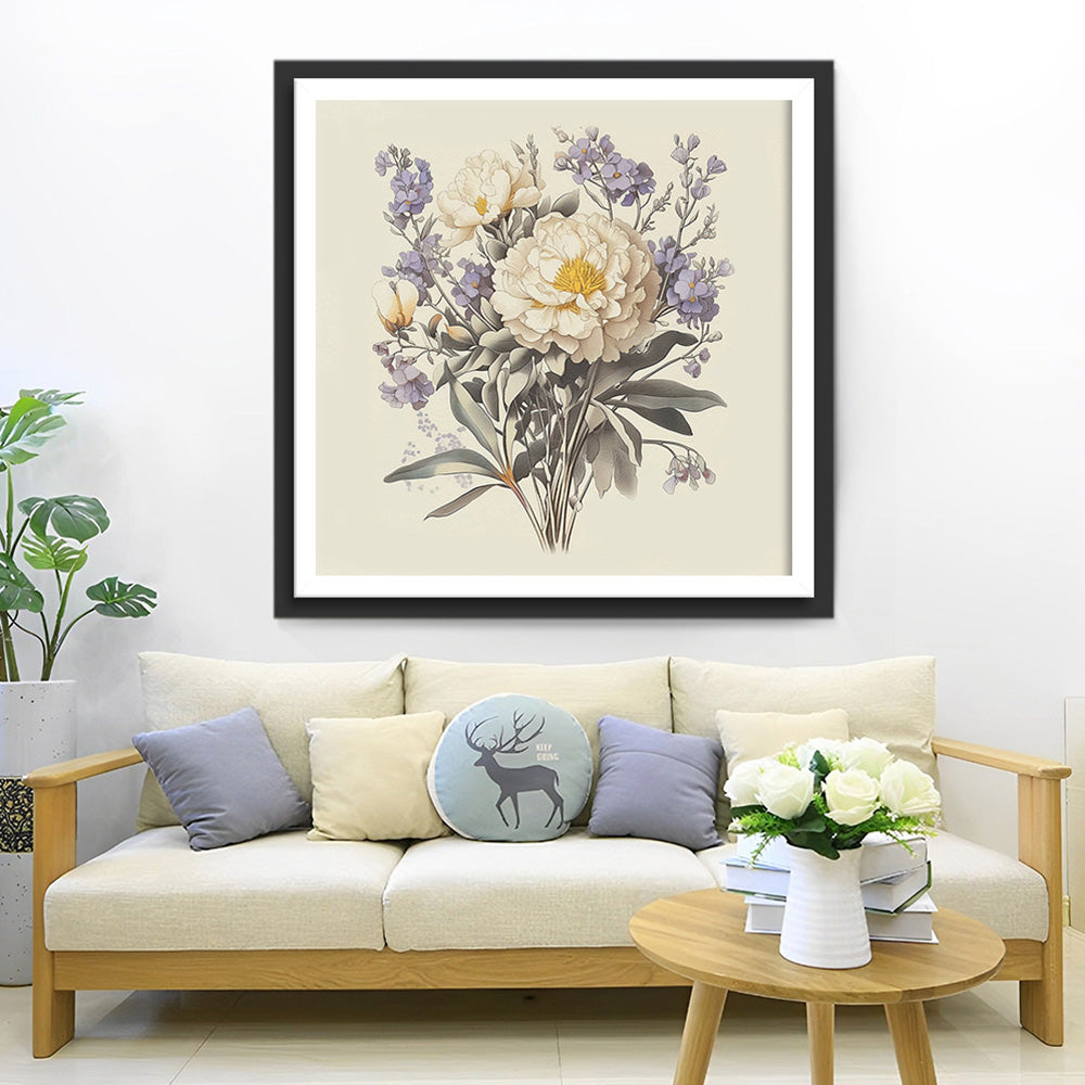 Witte Chrysanten en Paarse Bloemen Diamond Painting