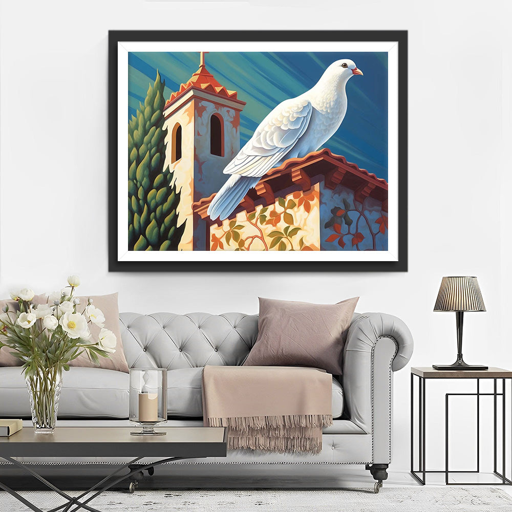 Witte Duif en Kerk Diamond Painting