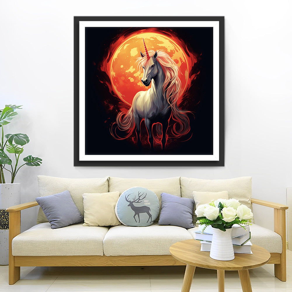 Witte Eenhoorn en Rode Zon in het Donker Diamond Painting