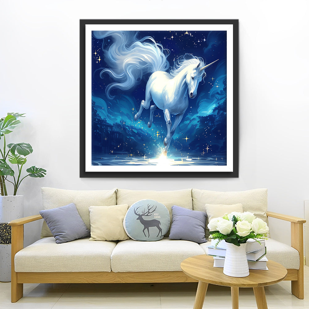 Witte Eenhoorn onder Blauwe Sterrenhemel Diamond Painting