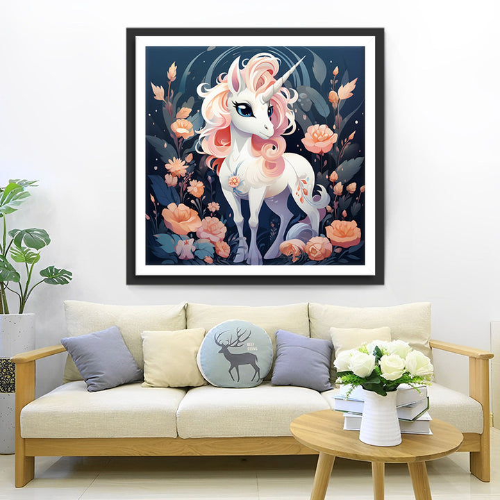 Witte Eenhoorn tussen Roze Bloemen Diamond Painting