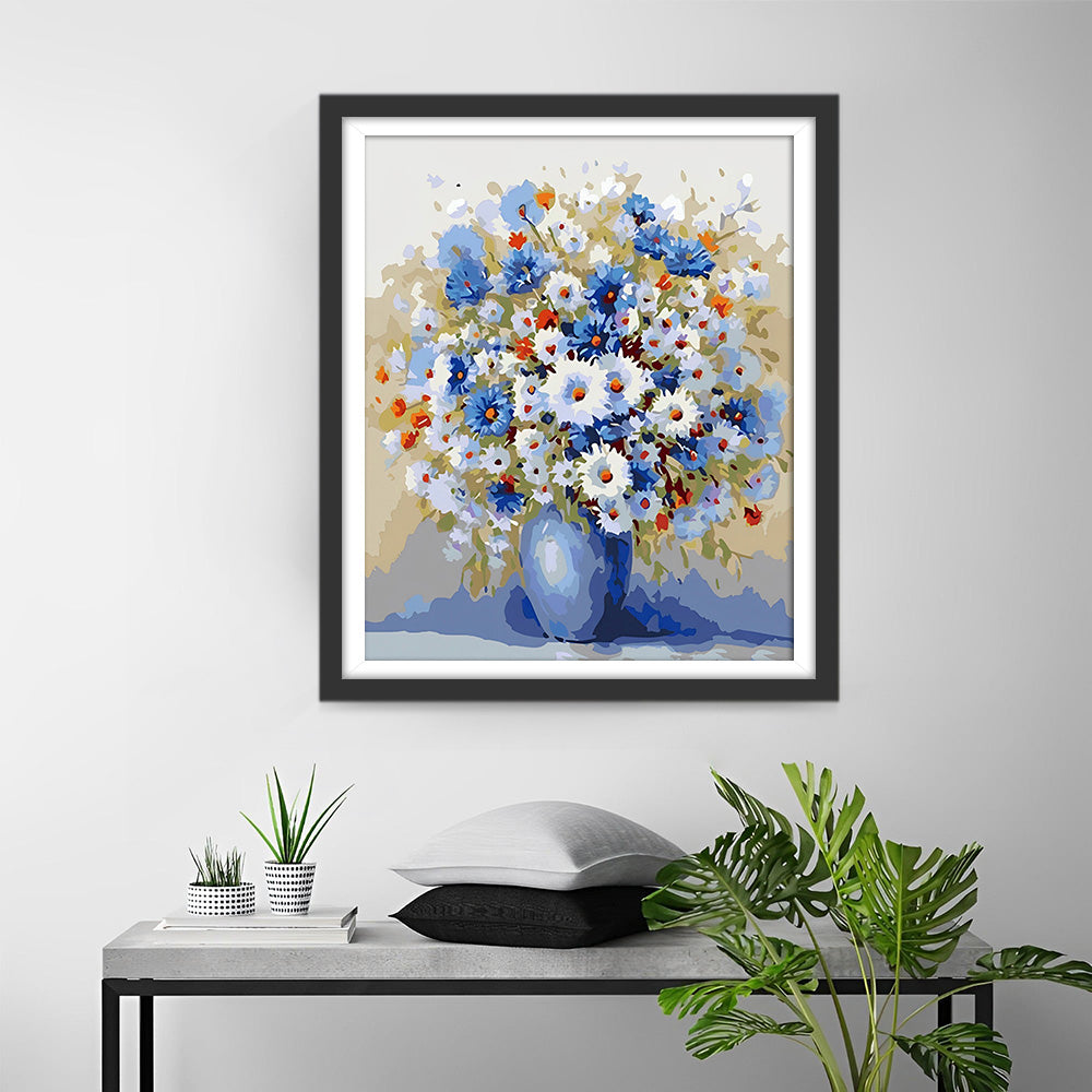 Witte en Blauwe Madeliefjes Diamond Painting