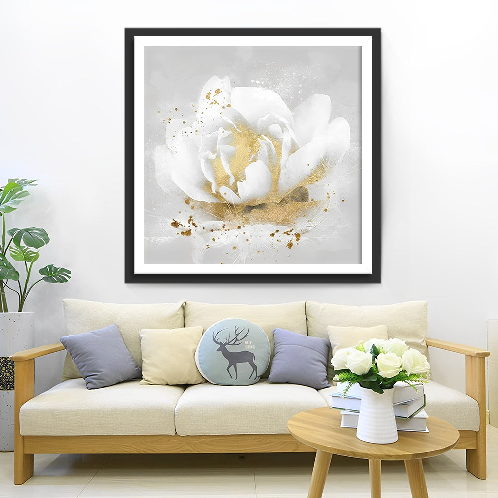 Witte en Gouden Pioenroos Diamond Painting