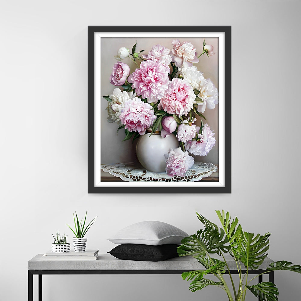 Witte en Roze Pioenen Diamond Painting