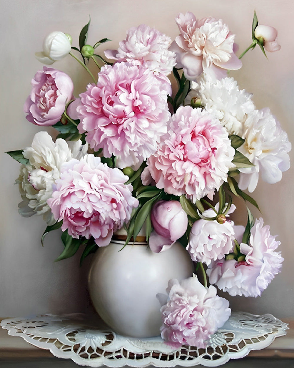 Witte en Roze Pioenen Diamond Painting