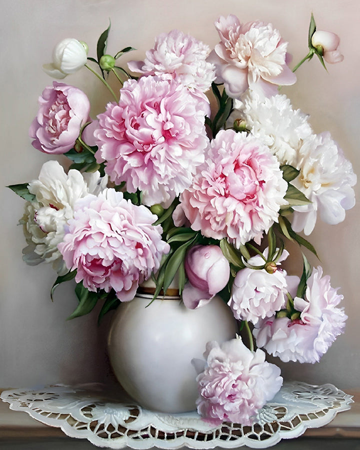 Witte en Roze Pioenen Diamond Painting