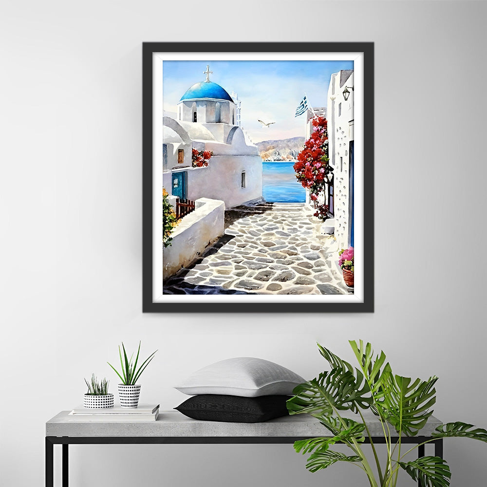 Witte Gebouwen, Blauwe Koepel en Zeezicht Diamond Painting