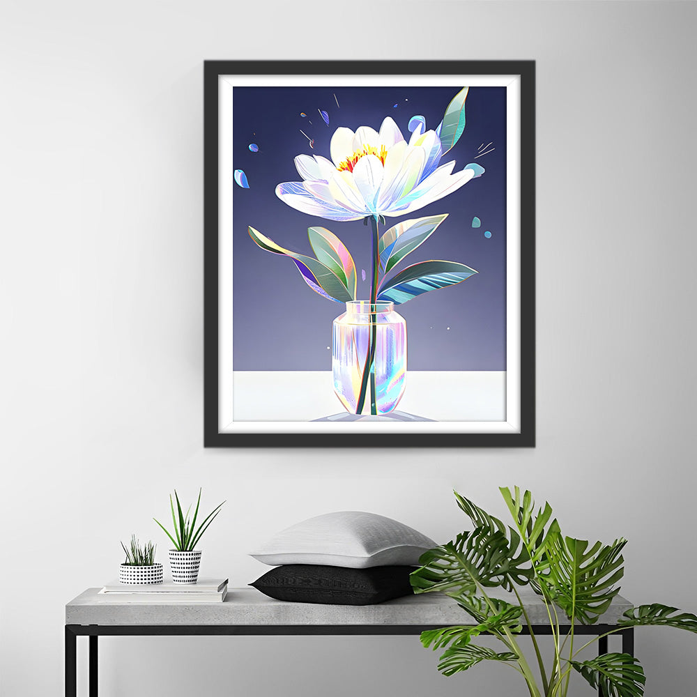 Witte Gloeiende Bloem in het Glas Diamond Painting