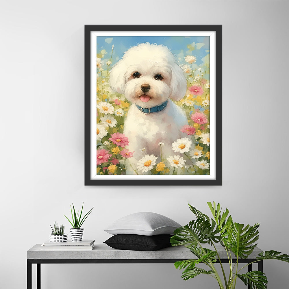 Witte Hond in het Bloemenveld Diamond Painting