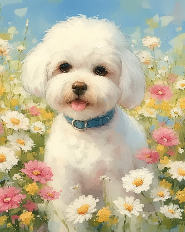 Witte Hond in het Bloemenveld Diamond Painting