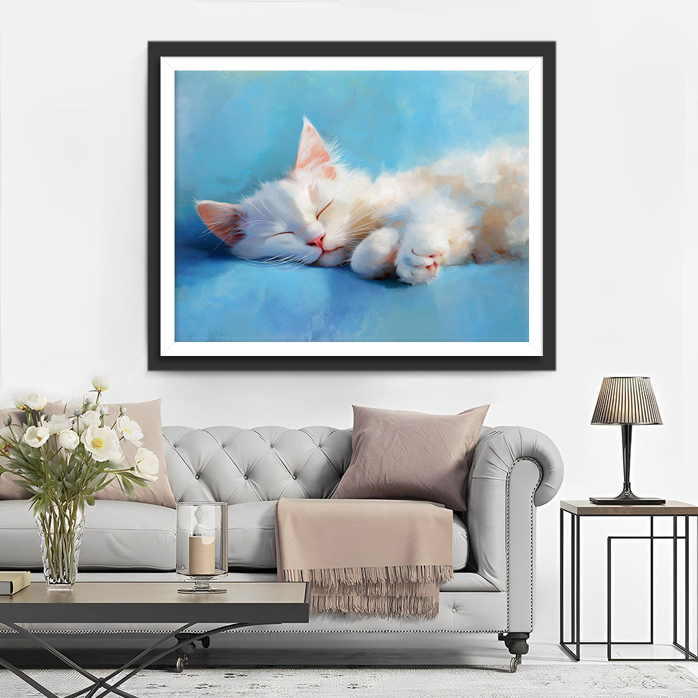 Witte Kat die Slaapt Diamond Painting