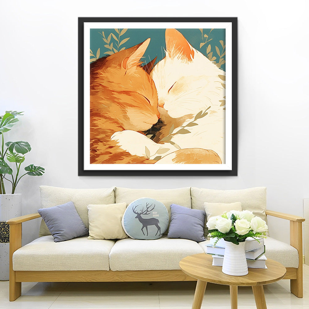 Witte Kat en Oranje Kat Slapen Samen Diamond Painting