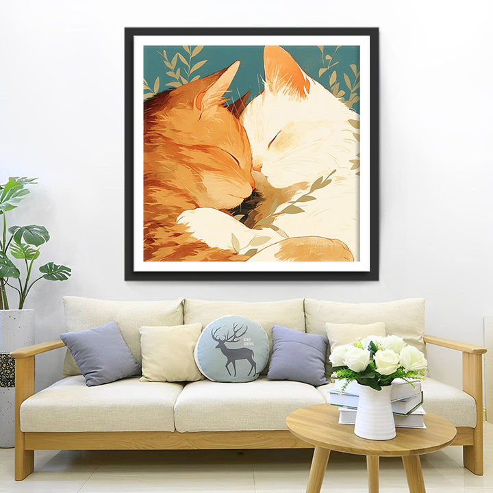 Witte Kat en Oranje Kat Slapen Samen Diamond Painting